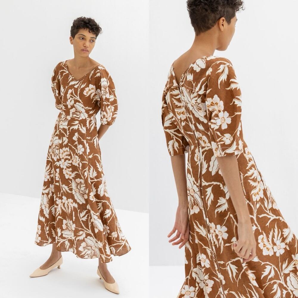 Mara Hoffman NWT Sicily Maxi Dress in Olive Multi Floral Print 100% Hemp Size 4